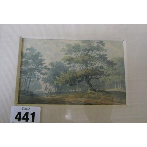 441 - George Barret 1728/1784 (signed on verso) riders on a woodland path, watercolour.  Framed and glazed... 