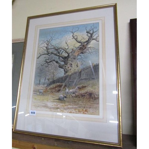 444 - Thomas Smythe 1825/1906 an oak tree with sheep in the foreground, watercolour, signed.  Framed and g... 