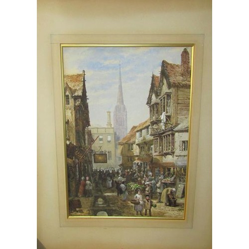 439 - Louise Rayner - a mid 19c English street market outside the Sun Inn with cathedral spire in the back... 