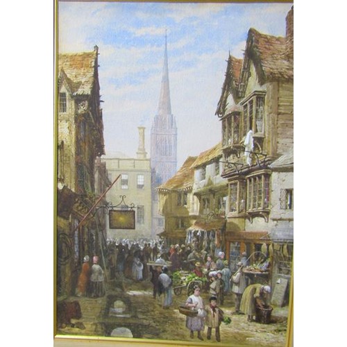 439 - Louise Rayner - a mid 19c English street market outside the Sun Inn with cathedral spire in the back... 