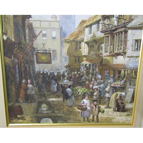 439 - Louise Rayner - a mid 19c English street market outside the Sun Inn with cathedral spire in the back... 