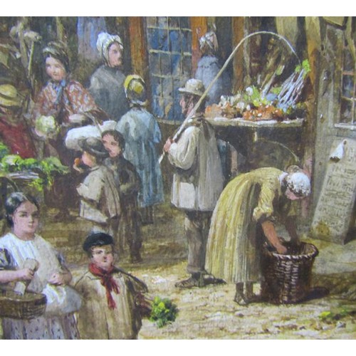 439 - Louise Rayner - a mid 19c English street market outside the Sun Inn with cathedral spire in the back... 