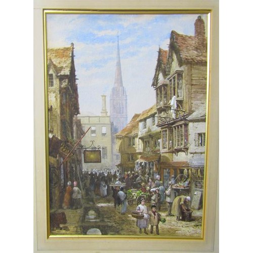 439 - Louise Rayner - a mid 19c English street market outside the Sun Inn with cathedral spire in the back... 