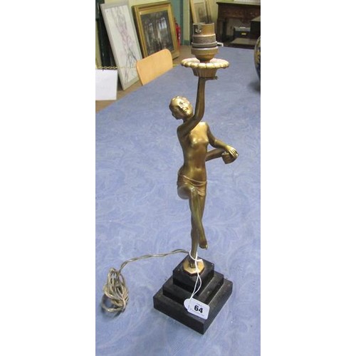 64 - An art deco gilt metal dancing figure table lamp supported on stepped marble base, electrolier.  The... 