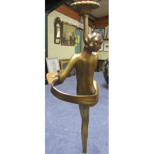 64 - An art deco gilt metal dancing figure table lamp supported on stepped marble base, electrolier.  The... 