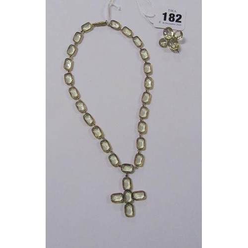 182 - A gilt metal yellow Beryl set necklace with pendant cross, together with a brooch.  Necklace 36cms l... 