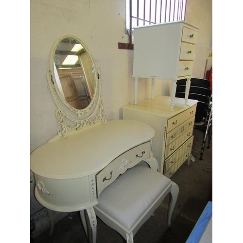 1203 - CREAM FIVE DRAWER CHEST; THREE DRAWER BEDSIDE CHEST; KIDNEY SHAPED DRESSING TABLE; STOOL