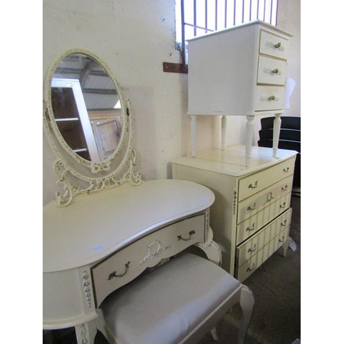 1203 - CREAM FIVE DRAWER CHEST; THREE DRAWER BEDSIDE CHEST; KIDNEY SHAPED DRESSING TABLE; STOOL