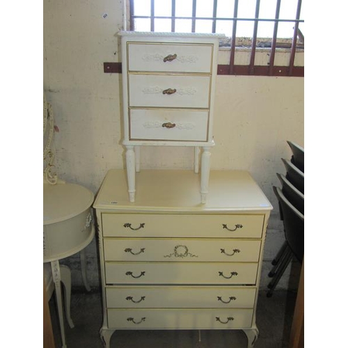 1203 - CREAM FIVE DRAWER CHEST; THREE DRAWER BEDSIDE CHEST; KIDNEY SHAPED DRESSING TABLE; STOOL