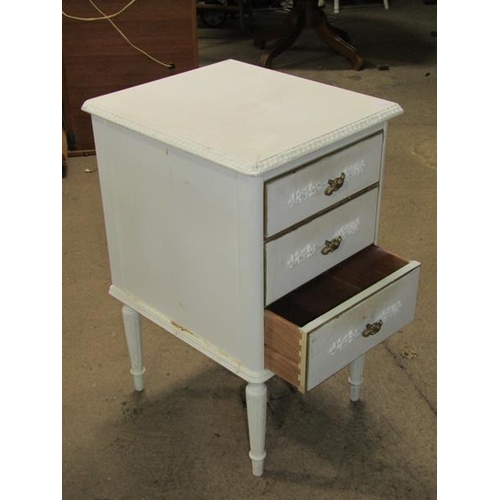 1203 - CREAM FIVE DRAWER CHEST; THREE DRAWER BEDSIDE CHEST; KIDNEY SHAPED DRESSING TABLE; STOOL