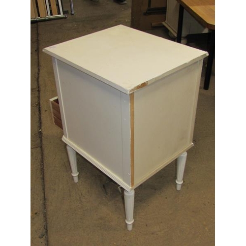 1203 - CREAM FIVE DRAWER CHEST; THREE DRAWER BEDSIDE CHEST; KIDNEY SHAPED DRESSING TABLE; STOOL