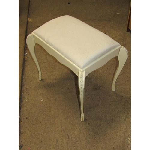 1203 - CREAM FIVE DRAWER CHEST; THREE DRAWER BEDSIDE CHEST; KIDNEY SHAPED DRESSING TABLE; STOOL