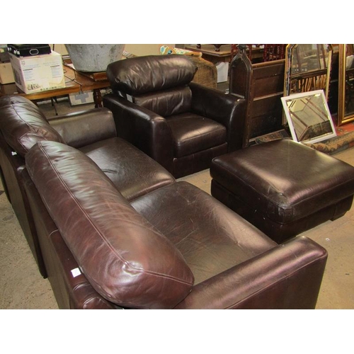 1269 - LEATHER TWO SEATER SOFA, ARMCHAIR AND STOOL