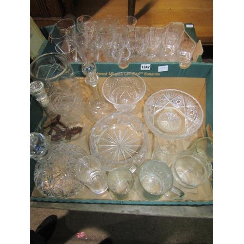 1342 - BOX OF GLASSES; BOX OF CRYSTAL BOWLS AND DECANTERS