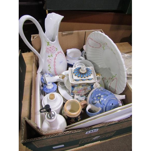 1347 - BOX OF MISC. BLUE AND GLAZED CHINA