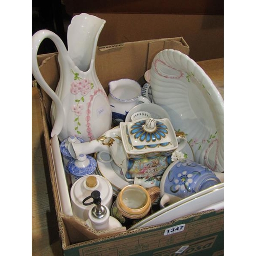 1347 - BOX OF MISC. BLUE AND GLAZED CHINA