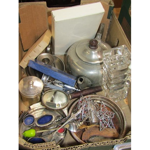 1348 - BOX OF MIXED SILVER PLATE; PEWTER TEA POT; SPOONS ETC