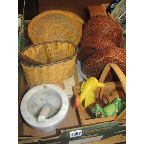 1352 - BOX TO INCL. WICKER BASKETS, PESTAL AND MORTAR, CHEESE BOARDS ETC