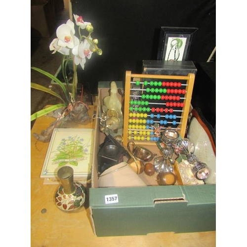 1357 - BOX TO INCL. ABACUS, SILVER PLATED CANDLESTICKS, BRASSWARE ETC