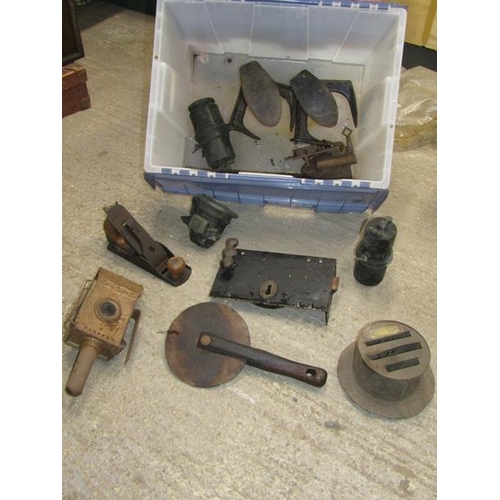 1535 - BOX OF MISC. LAMPS, SHOE LASTS, WOOD WORKING PLANE, LOCKS ETC.