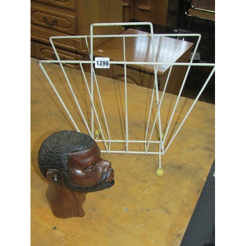 1298 - CARVED WOODEN HEAD AND 60s MAGAZINE RACK