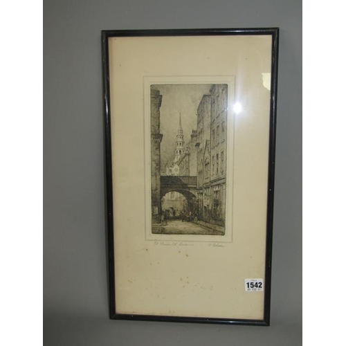 1542 - F ROBSON, BLACK AND WHITE ETCHING, ST BRIDES CHURCH LONDON, F/G.  25 x 12cms TOGETHER WITH GEORGE MA... 