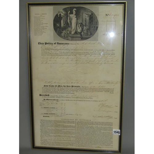 1545 - 19c INSURANCE POLICY RELATING TO A PROPERTY AT HEMEL HEMPSTEAD HERTS, DATED 25 MARCH 1832.  F/G 59 x... 