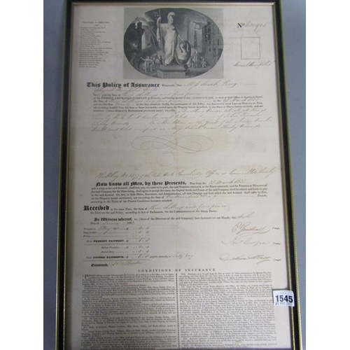 1545 - 19c INSURANCE POLICY RELATING TO A PROPERTY AT HEMEL HEMPSTEAD HERTS, DATED 25 MARCH 1832.  F/G 59 x... 