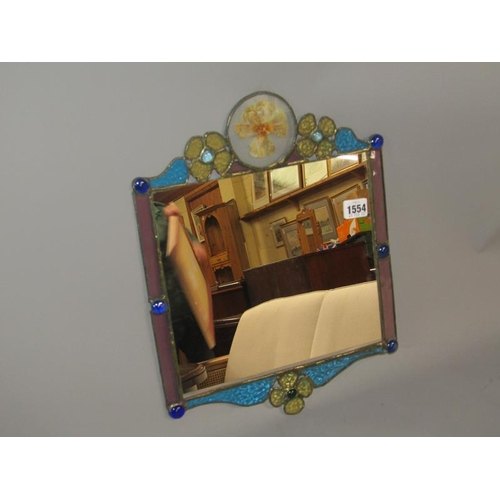 1554 - JEWEL COLOURED GLASS FRAMED WALL MIRROR 40 x 32 cms