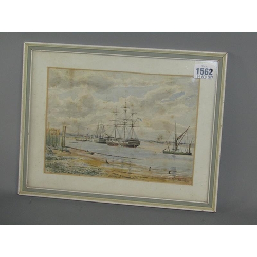 1562 - R S WILKINSON 1889 - TWO WARSHIPS ANCHORED IN SHORE, WATERCOLOUR F/G 17 x 24 cms