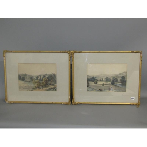 1579 - PAIR OF 19c COLOURED PRINTS - WALKING IN A LANDSCAPE, UNSIGNED .  GILT F/G 25 x 34 cms