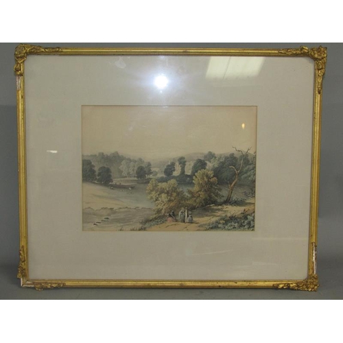 1579 - PAIR OF 19c COLOURED PRINTS - WALKING IN A LANDSCAPE, UNSIGNED .  GILT F/G 25 x 34 cms