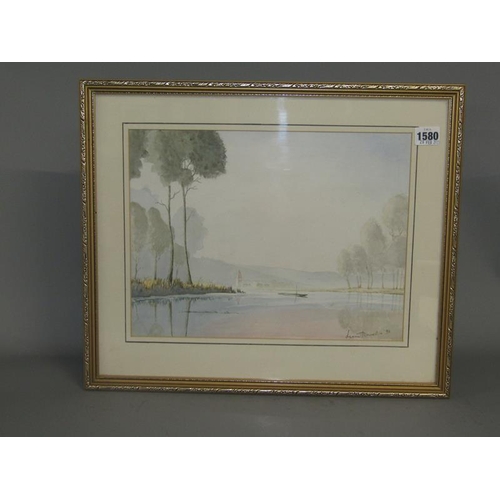 1580 - LYNN HOWELS '93 WATERCOLOUR - CONTINENTAL RIVERSCAPE.  FRAMED 27 x 35cms