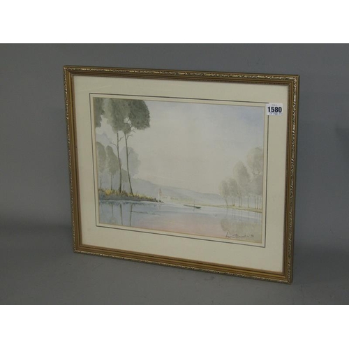 1580 - LYNN HOWELS '93 WATERCOLOUR - CONTINENTAL RIVERSCAPE.  FRAMED 27 x 35cms