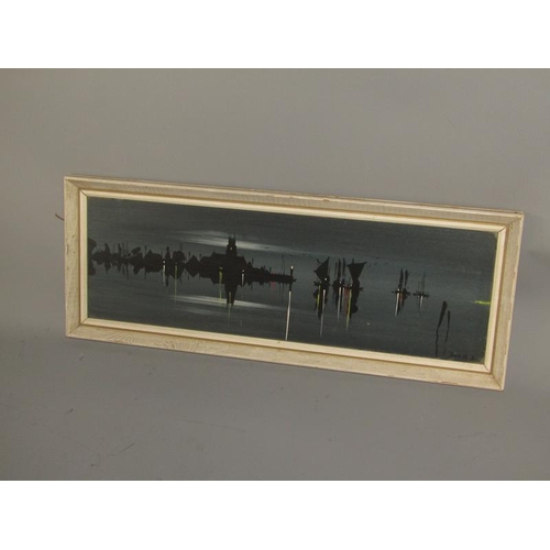 1581 - DAVID DEAKINS - MOONLIT SHIPPING, THREE OIL ON BOARDS. FRAMED EACH 45 x 14cms