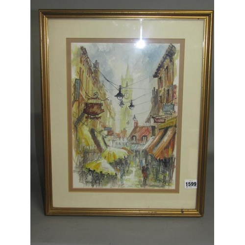 1599 - BEN MAILE - STREET SCENE WITH DISTANT CATHEDRAL TOWER, MIXED MEDIA.  SIGNED. F/G 35 x 25cms