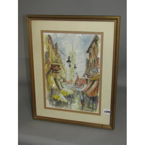 1599 - BEN MAILE - STREET SCENE WITH DISTANT CATHEDRAL TOWER, MIXED MEDIA.  SIGNED. F/G 35 x 25cms