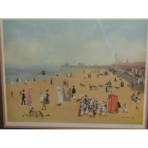 1609 - HELEN BRADLEY - A BEACH SCENE AT BLACKPOOL - STAMPED COLOURED PRINT F/G 48 x 68cms