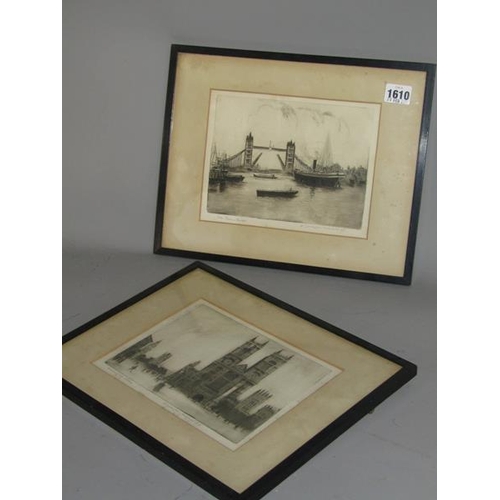 1610 - W EDWIN LAW - THE TOWER BRIDGE AND WESTMINSTER ABBEY, TWO BLACK AND WHITE ENGRAVINGS .  BOTH F/G APP... 