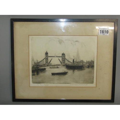 1610 - W EDWIN LAW - THE TOWER BRIDGE AND WESTMINSTER ABBEY, TWO BLACK AND WHITE ENGRAVINGS .  BOTH F/G APP... 