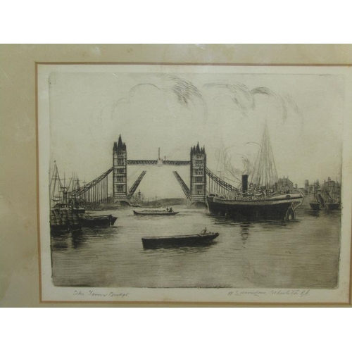 1610 - W EDWIN LAW - THE TOWER BRIDGE AND WESTMINSTER ABBEY, TWO BLACK AND WHITE ENGRAVINGS .  BOTH F/G APP... 