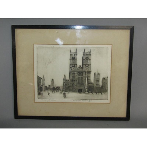 1610 - W EDWIN LAW - THE TOWER BRIDGE AND WESTMINSTER ABBEY, TWO BLACK AND WHITE ENGRAVINGS .  BOTH F/G APP... 