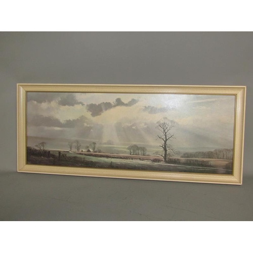 1612 - MICHAEL MORRIS -  FARMLAND SCENE PRINT ON BOARD. FRAMED 35 x 98cms