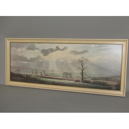 1612 - MICHAEL MORRIS -  FARMLAND SCENE PRINT ON BOARD. FRAMED 35 x 98cms