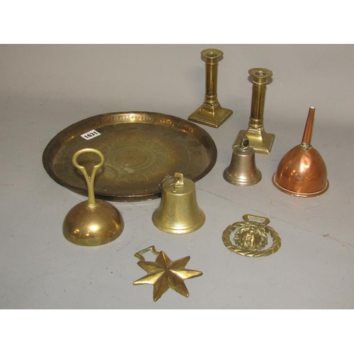 1631 - PERSIAN BRASS TRAY (29cms dia) , ANTIQUE CANDLESTICKS, WINE FUNNEL ETC.