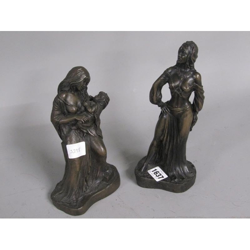 1637 - TWO BRONZED RESIN FIGURES, LARGEST 28cms H