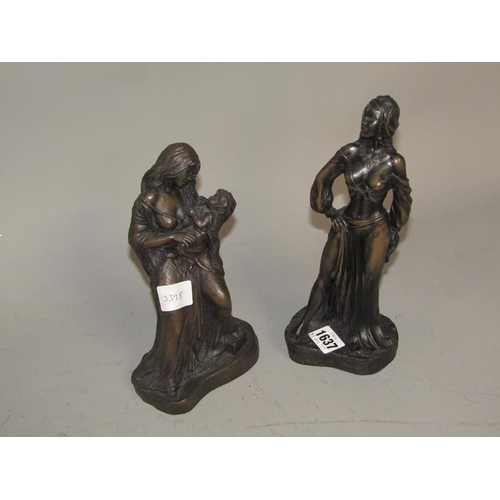 1637 - TWO BRONZED RESIN FIGURES, LARGEST 28cms H