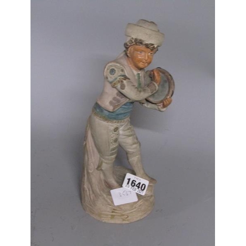 1640 - 19c CONTINENTAL POTTERY FIGURE AUSTRIAN BOY PLAYING TAMBOURINE 28cms H