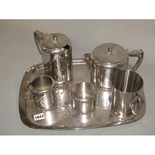 1643 - OLD HALL STAINLESS STEEL TEA SERVICE TOGETHER WITH TRAY (42cms W) AND TANKARD