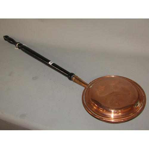 1672 - ANTIQUE COPPER EBONISED HANDLED WARMING PAN 106cms L